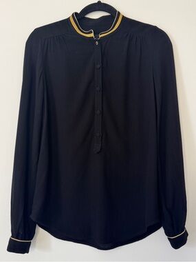 Zadig & Voltaire Blouse Tinon Crepe Blouse Black Mandarin Collar Gold Trim Sz XS